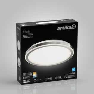 A black box displays the Artika Altitude 15 in. LED modern flush mount light 5 CCT, featuring a round ceiling light with 2500 lumens, adjustable color temperature, 50,000-hour lifespan, and a 5-year warranty.