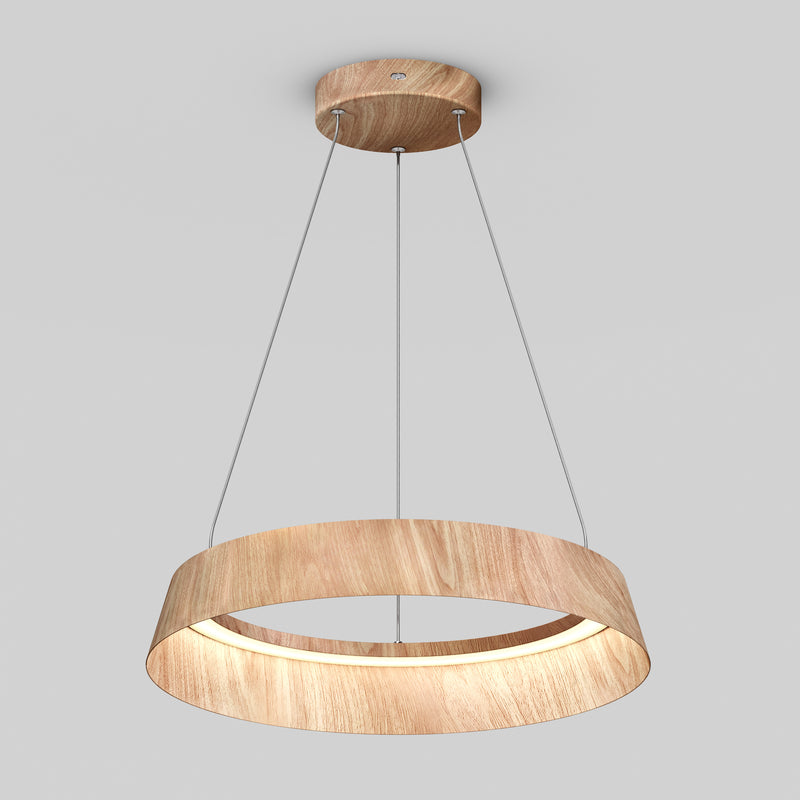The Artika Tallis LED pendant light 5 CCT features a modern circular wooden ring design, suspended from the ceiling by three slim metal cables, shown here against a plain light gray background.