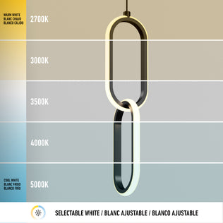 The Artika Catena LED pendant light 5 CCT features two interlocking ovals, shown against a gradient background with five white color temperatures (2700K–5000K), labeled in English, French, and Spanish.