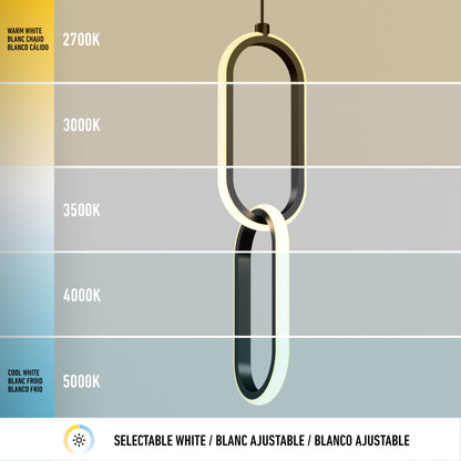 The Artika Catena LED pendant light 5 CCT features two interlocking ovals, shown against a gradient background with five white color temperatures (2700K–5000K), labeled in English, French, and Spanish.