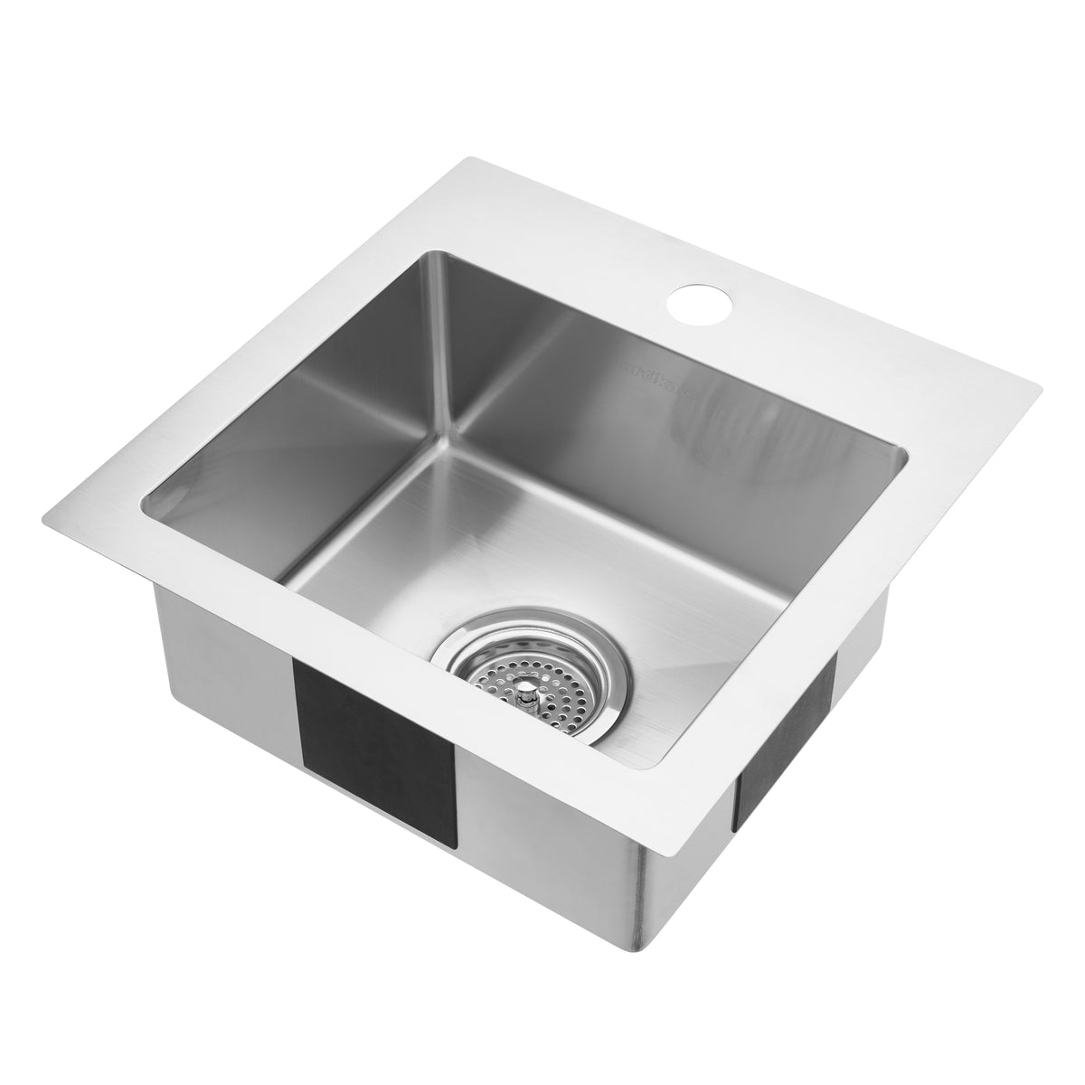 A stainless steel kitchen sink with a square shape, a central drain, and a single faucet hole on the back edge. The sink has smooth, reflective surfaces and clean, modern lines.