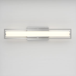The Artika Rialto modern LED bathroom vanity light 3 CCT features a sleek rectangular design with a central frosted glass bar and dimmable lighting, creating a stylish look against any plain white wall.