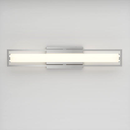 The Artika Rialto modern LED bathroom vanity light 3 CCT features a sleek rectangular design with a central frosted glass bar and dimmable lighting, creating a stylish look against any plain white wall.