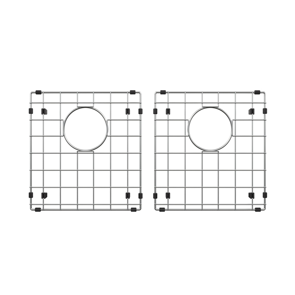 Two square Artika sink grids for the Newport double bowl stainless steel sink, each with a grid pattern and central circular opening, are shown side by side on a white background.
