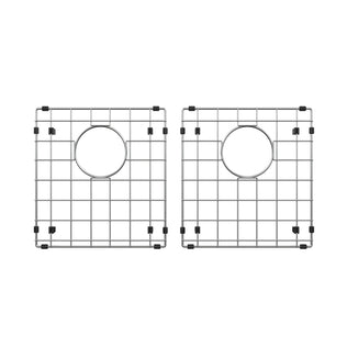 Two square Artika sink grids for the Newport double bowl stainless steel sink, each with a grid pattern and central circular opening, are shown side by side on a white background.