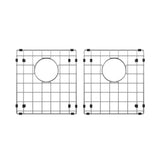 Two square metal sink grids with central circular cutouts, each featuring a grid pattern and black protective bumpers at the corners and edges, displayed side by side on a white background.