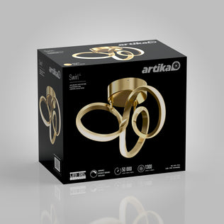 Artika Swirl LED flush mount in black box packaging, 1300 lumens, gold ring—ideal for modern interiors.