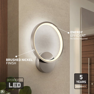 Artika Solis modern LED indoor-outdoor wall light, 5 CCT, brushed nickel—energy efficient, 5-year warranty; perfect near any door.