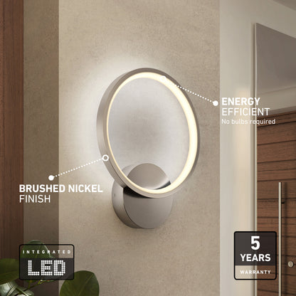 Artika Solis modern LED indoor-outdoor wall light, 5 CCT, brushed nickel—energy efficient, 5-year warranty; perfect near any door.