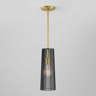 The Artika Gatsby Mini modern mid-century pendant light features a gold rod and canopy with a black vertical slat cage around the bulb, set against a plain light gray background.