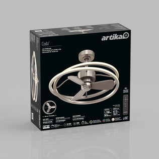 Box of Artika Coda 23 in. LED modern ceiling fan with remote, shown on a gray background.
