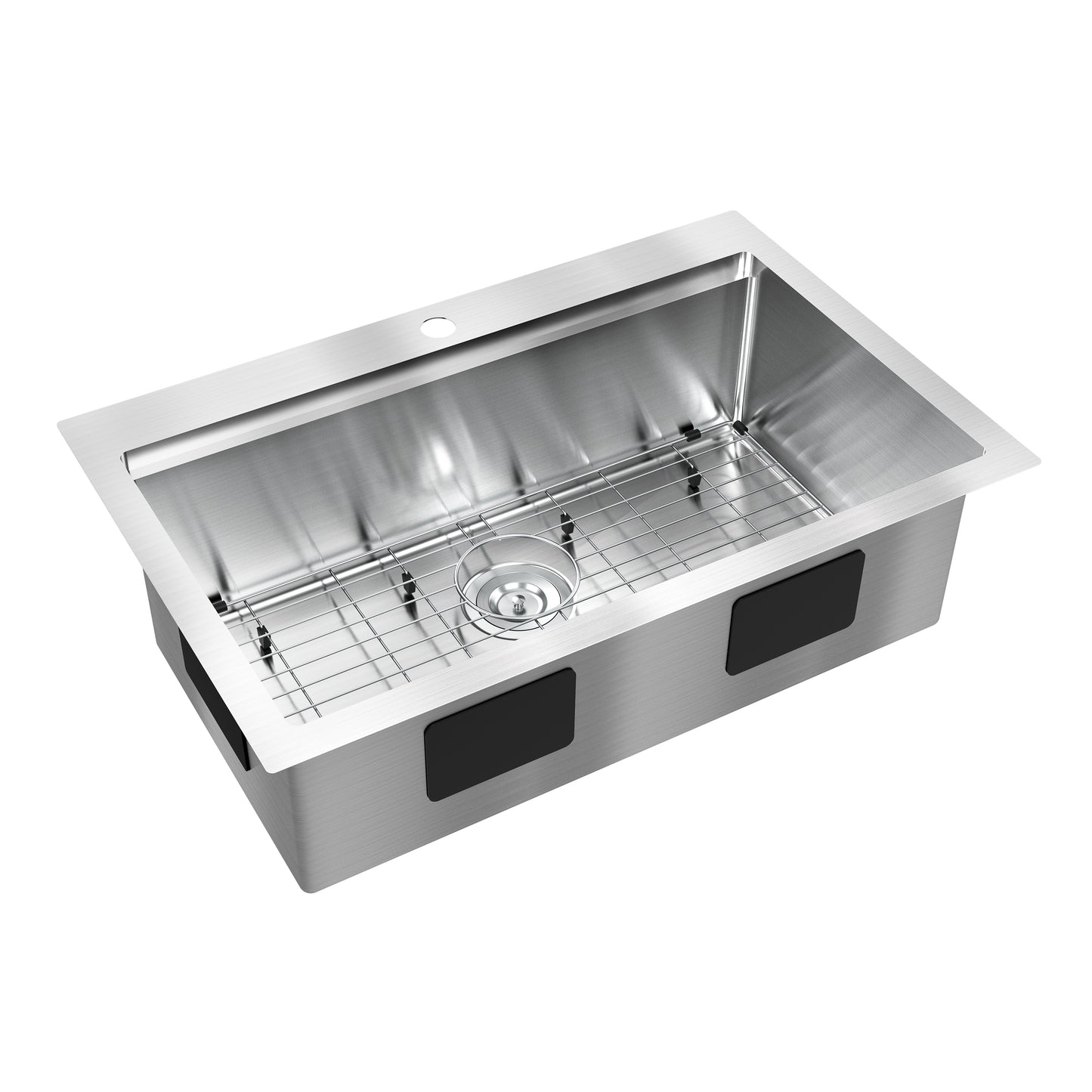 The Artika Newport single bowl 31 in. stainless steel workstation sink features a rectangular design, center drain, bottom metal grid, and a pre-drilled faucet hole at the back.
