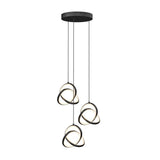 A modern black ceiling pendant light fixture with three hanging intertwined ring-shaped LED lights, each suspended at different lengths from a round black base.