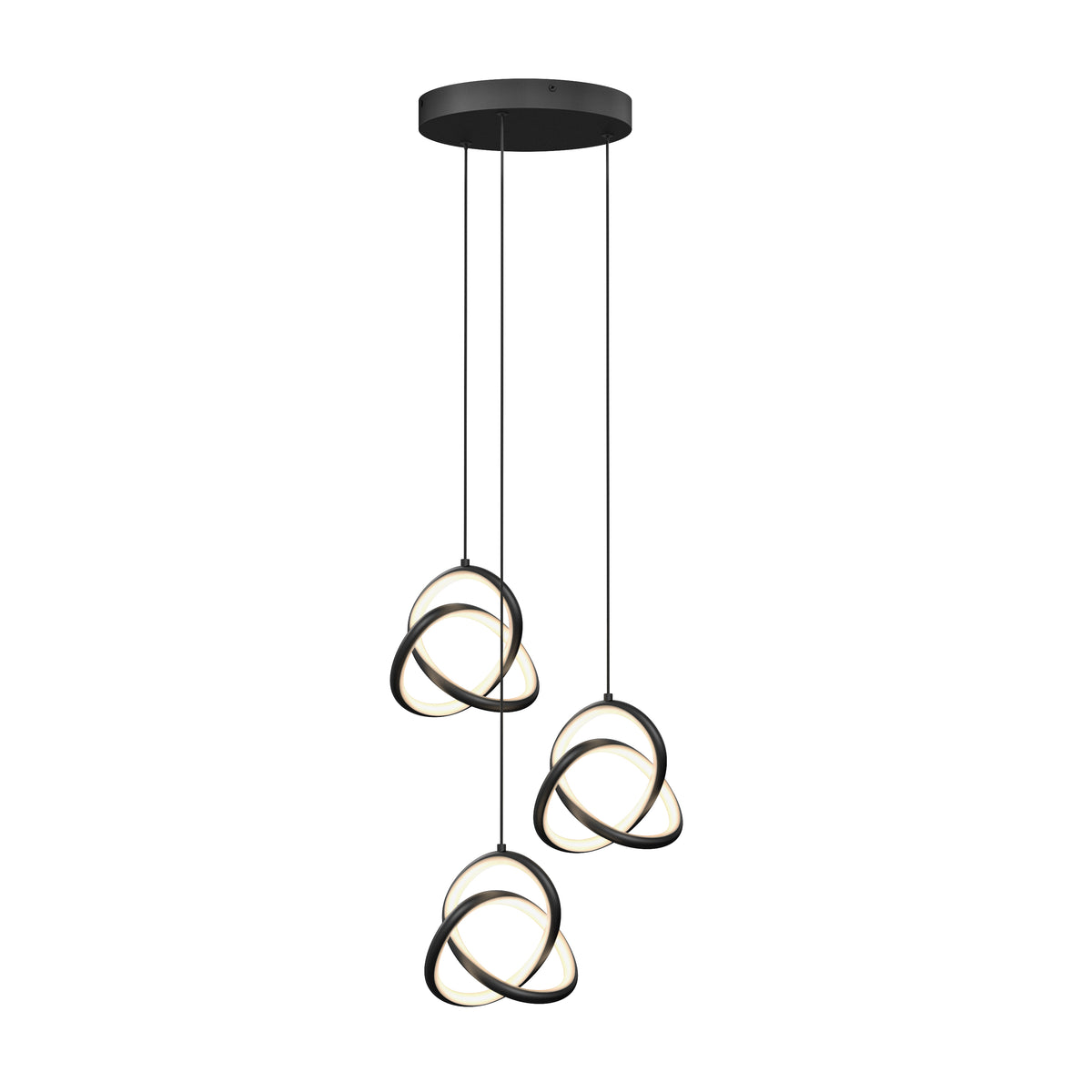 The Artika Zephyr 3-light LED pendant features three intertwined ring-shaped lights suspended at varying lengths from a round black ceiling mount, emitting a soft white glow.