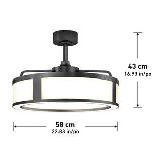 Artika Huxley 23 in. LED modern ceiling fan, quiet motor, shown with labeled cm/inch dimensions, 3 speeds.