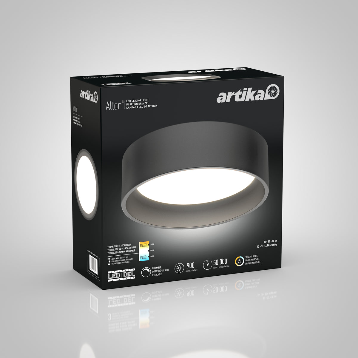 A black box labeled Artika Alton displays a round, modern LED ceiling light with specs: 900 lumens, 50,000 hours lifespan, 15W, 3 color options, and a 3-year warranty. The box shows an image of the light fixture.
