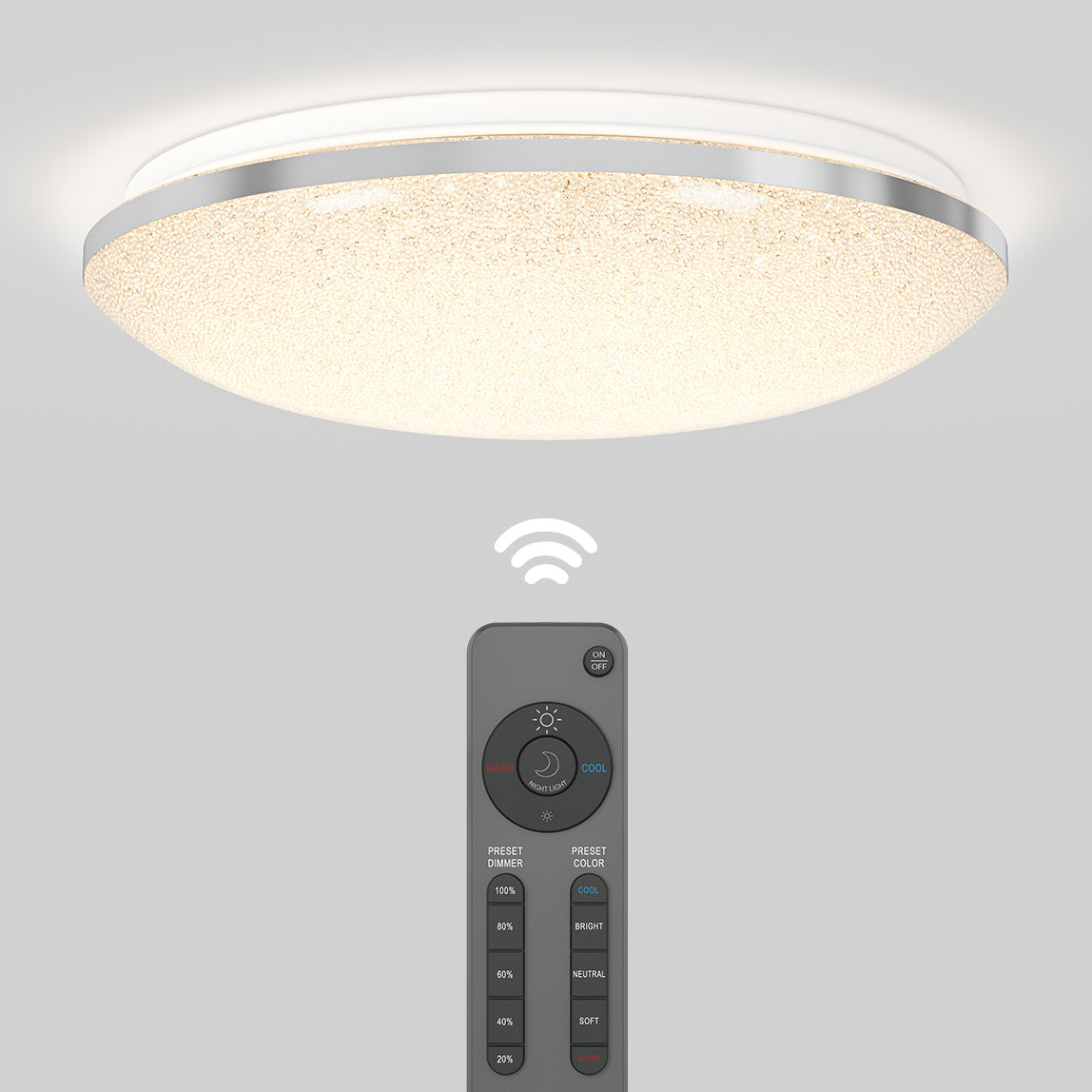 A modern round ceiling light with a textured surface is illuminated. Below it, a remote control with various buttons and a visible Wi-Fi signal icon indicates wireless control capability.