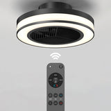 A modern ceiling fan with built-in LED light, shown above a wireless remote control featuring multiple buttons for fan speed, timer, light, and cooling settings.