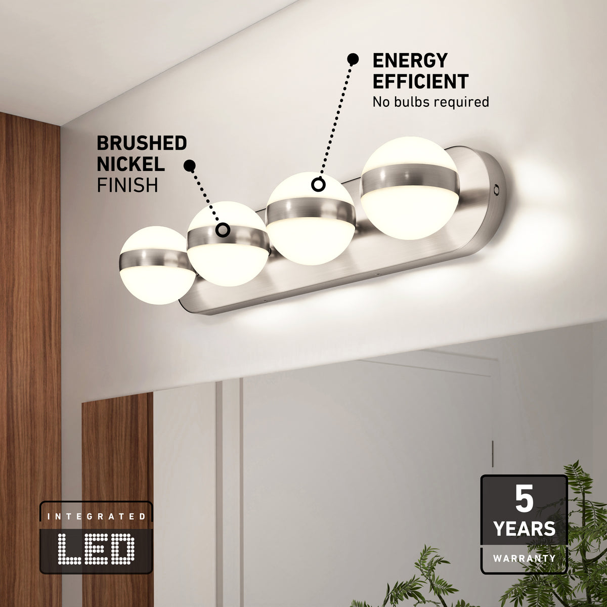 The Artika Baldric LED modern bathroom vanity light offers 3 CCT settings and a 5-year warranty for stylish mirror lighting.