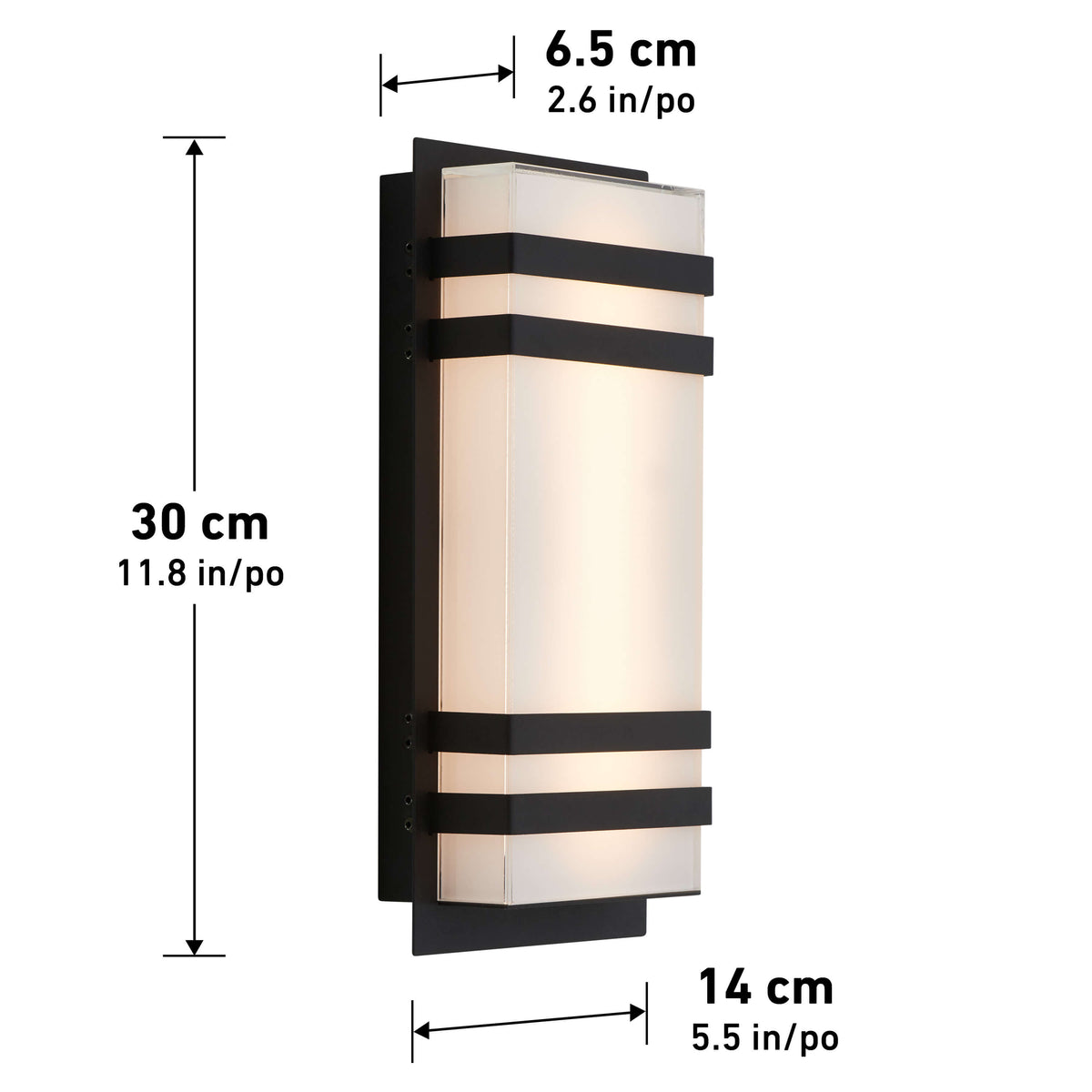 Rectangular wall sconce with frosted glass and black metal bands. Dimensions: 30 cm tall, 14 cm wide, 6.5 cm deep, with measurements labeled in both centimeters and inches.