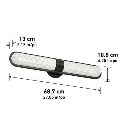 The Artika Carat LED contemporary bathroom vanity light 3 CCT is a horizontal wall fixture with rounded ends, central mounting base, and dimensions of 68.7 cm (27.05 in) L x 13 cm (5.12 in) W x 10.8 cm (4.25 in) H.