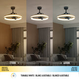 A ceiling fan with an integrated light is shown in three panels, each displaying different color temperatures: warm white (2700K), neutral, and cool white (6000K), highlighting the tunable white lighting feature.