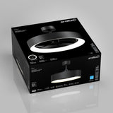 A black Artika Aiden ceiling fan with a circular LED light is shown on sleek black packaging, featuring product images, specifications, and branding details on the box.
