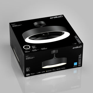 The packaging shows the Artika Aiden 24 in. LED modern ceiling fan with 3 speeds and remote, featuring product images and details on a dark background that highlights its sleek design and specifications.