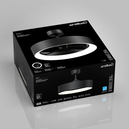 The packaging shows the Artika Aiden 24 in. LED modern ceiling fan with 3 speeds and remote, featuring product images and details on a dark background that highlights its sleek design and specifications.