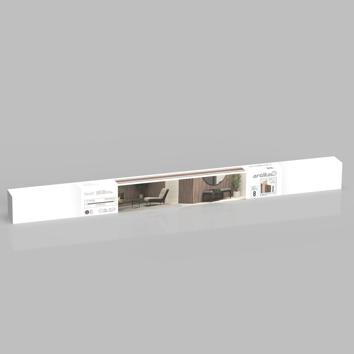 A long, rectangular white box labeled with a modern living room scene. The packaging is for the Artika Panolok 30.67 ft wall panel kit (pack of 8) decorative slatwall panels in an oak finish.