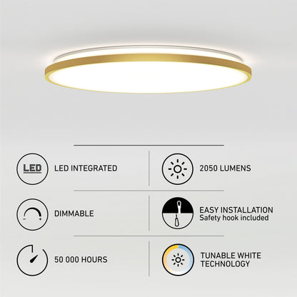 The Artika Europa 21 in. LED modern flush mount light features gold trim, 2050 lumens, tunable white technology, dimmable brightness, a 50,000-hour lifespan, integrated LEDs, easy installation with safety hook, and includes a remote.