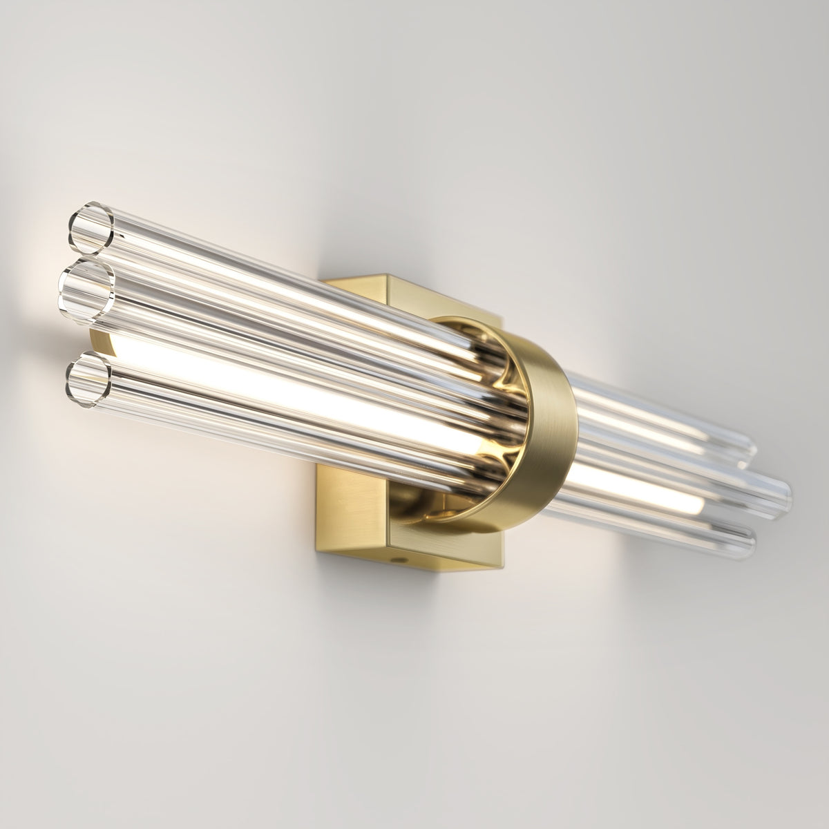 Artika’s Dorado 27 in. 1-Light LED Wall Vanity offers modern dimmable bathroom lighting with a sleek brass finish and glass tubes.