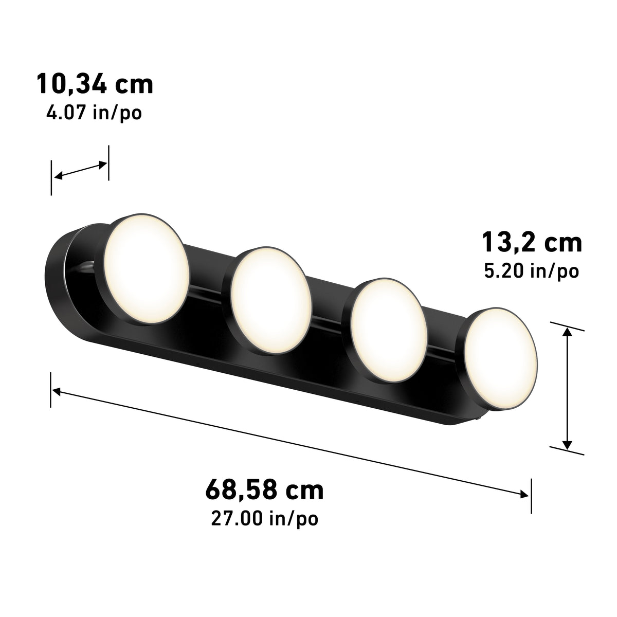 A black wall-mounted light fixture with four round white lights. Dimensions are 68.58 cm (27 in) wide, 13.2 cm (5.20 in) tall, and 10.34 cm (4.07 in) deep, shown with measurement arrows.