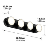 A black wall-mounted light fixture with four round white lights. Dimensions are 68.58 cm (27 in) wide, 13.2 cm (5.20 in) tall, and 10.34 cm (4.07 in) deep, shown with measurement arrows.