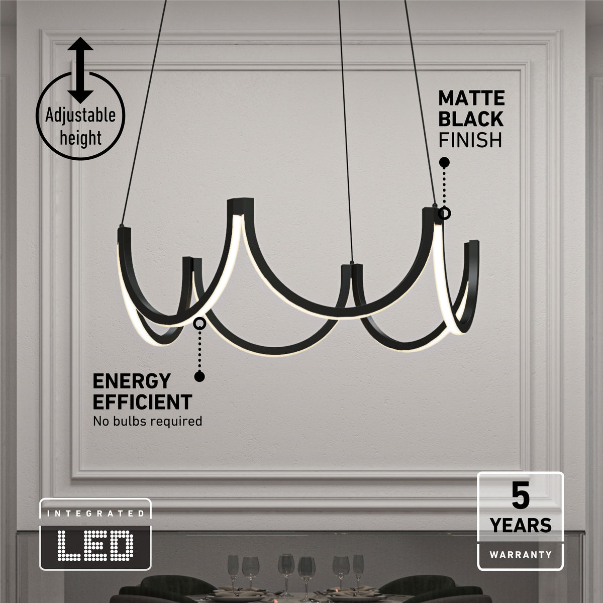 Modern black chandelier with integrated LED lights hangs in a white room with decorative molding. Text highlights features: adjustable height, matte black finish, energy efficient (no bulbs needed), and 5-year warranty.