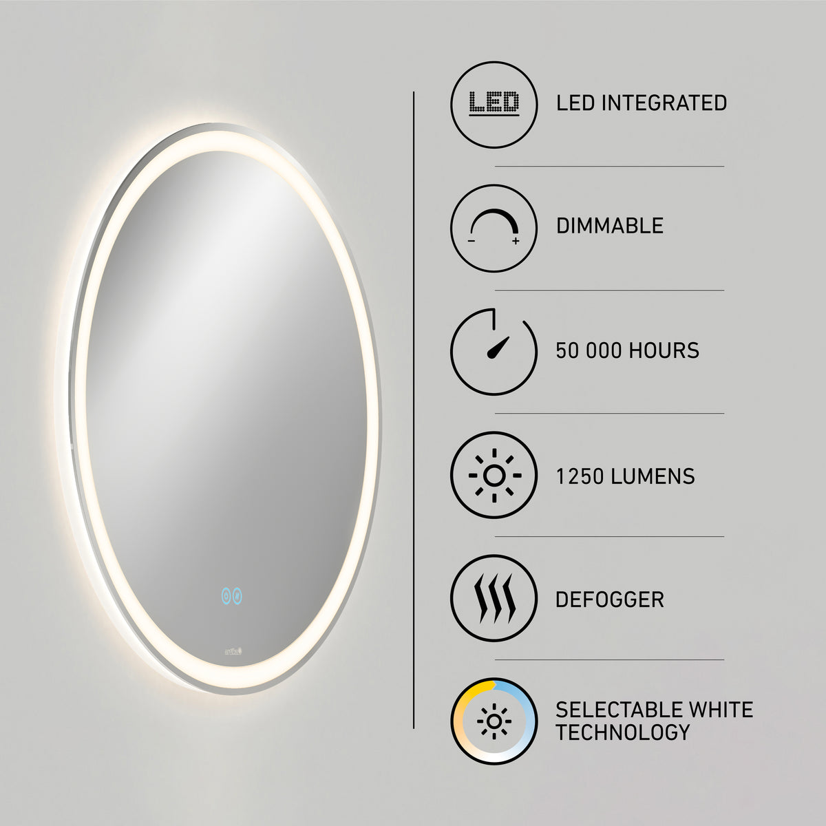 Artika Ayla 28 in. LED mirror features illuminated edges, integrated dimmable LEDs (1250 lumens, 50,000-hour lifespan), a defogger, and selectable white technology—highlighted beside icons and descriptive text.