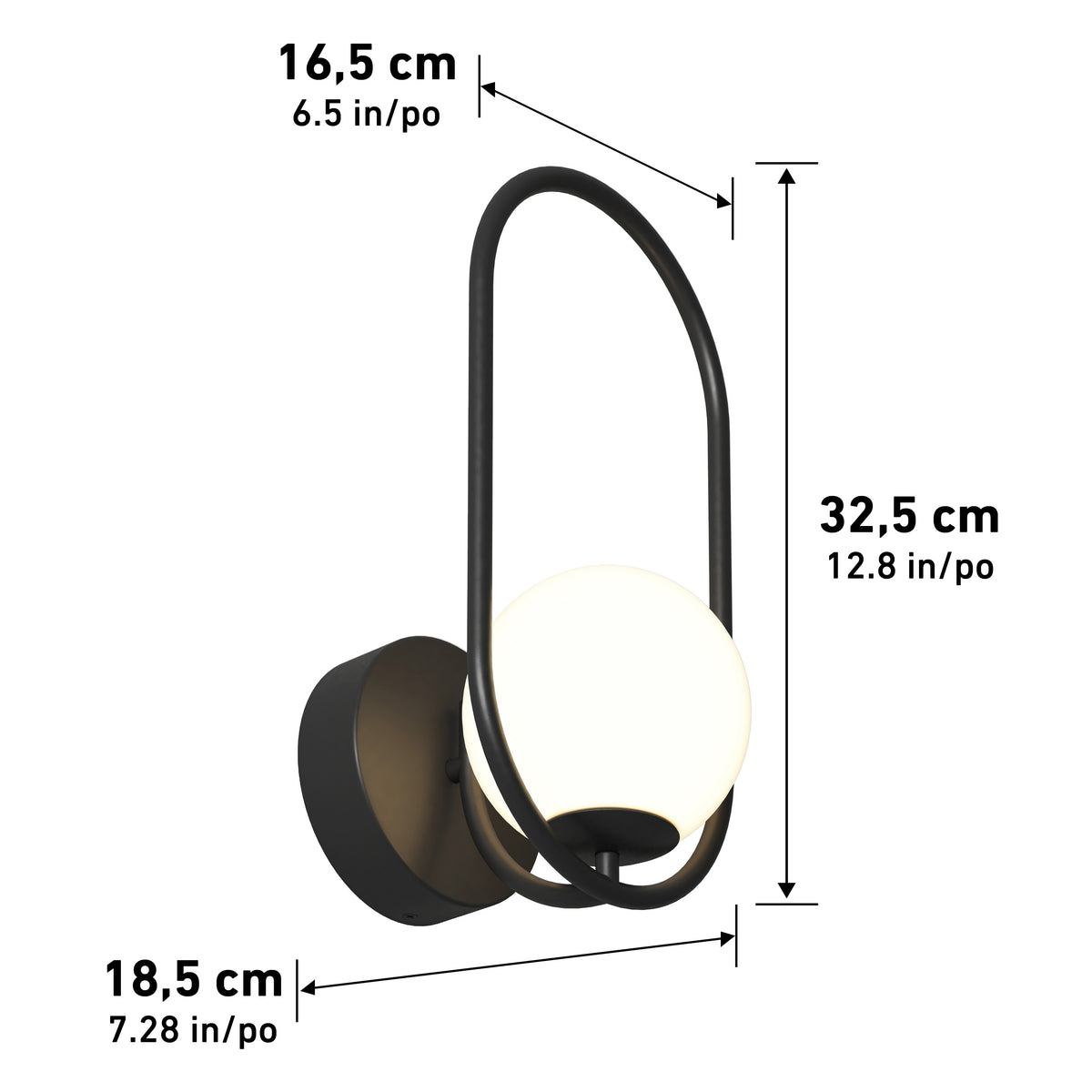 A modern wall sconce light with a black oval frame and a white globe bulb, mounted on a round base. Dimensions shown are 16.5 cm (width), 32.5 cm (height), and 18.5 cm (depth).