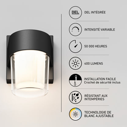 The Artika Halden indoor-outdoor LED wall light 5 CCT is a black fixture with a glass shade, adjustable brightness, and a 50,000-hour lifespan.