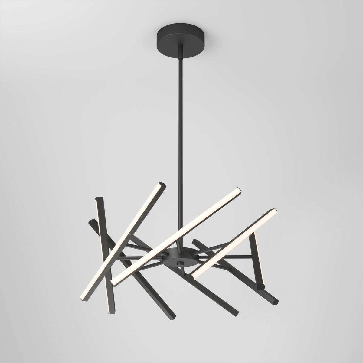 Modern chandelier with black metal rods and integrated LED light bars arranged in an abstract, intersecting design, suspended from a black ceiling mount against a plain white background.