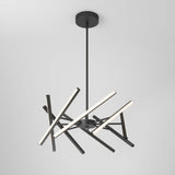 Modern chandelier with black metal rods and integrated LED light bars arranged in an abstract, intersecting design, suspended from a black ceiling mount against a plain white background.
