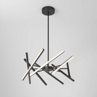 The Artika Malibu LED pendant light 3 CCT features a matte black rod and base with intersecting linear LED bars in an abstract geometric pattern, offering contemporary style and versatile lighting.