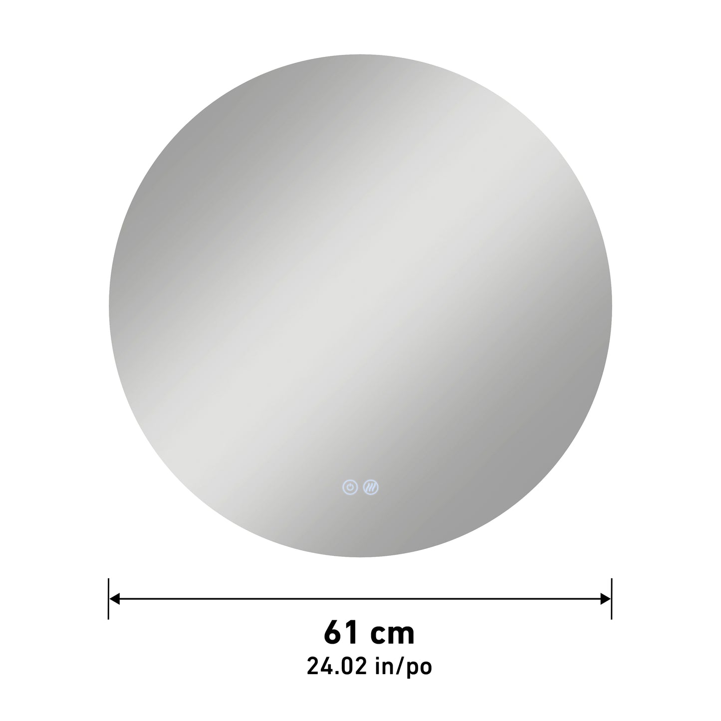 The Artika Raya 24 in. LED mirror features a 61 cm diameter, shown with a double-headed arrow to indicate width, and displays two small icons near the bottom center. This model includes 3 CCT lighting and a defogger.