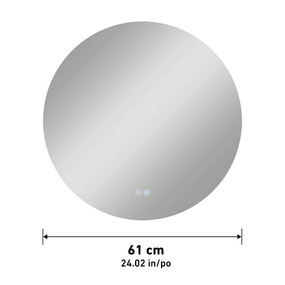 The Artika Raya 24 in. LED mirror features a 61 cm diameter, shown with a double-headed arrow to indicate width, and displays two small icons near the bottom center. This model includes 3 CCT lighting and a defogger.