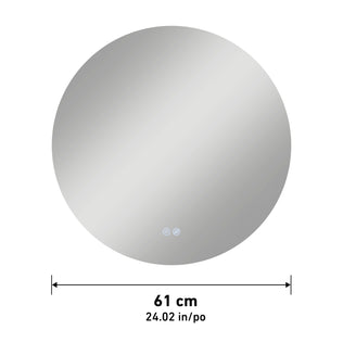 The Artika Raya 24 in. LED mirror with 3 CCT and defogger is shown, featuring measurement arrows and labels displayed below the round mirror.