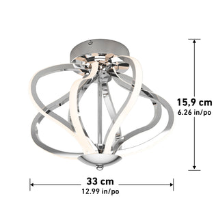 The Artika Meridian LED flush mount light features curved chrome arms and integrated LED strips. It has a height of 15.9 cm (6.26 in) and a diameter of 33 cm (12.99 in).