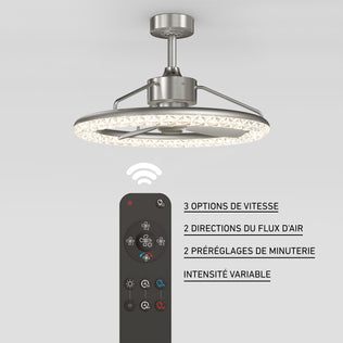 Artika Carat 23" LED ceiling fan features a gemstone-cut diffuser, remote, French text, airflow presets, and dimmable light.