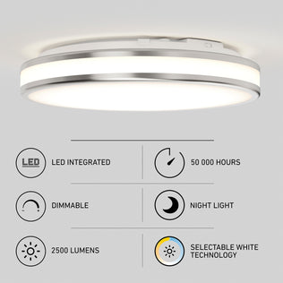 Artika Hemisphere 15″ LED Flush Mount; dimmable, 2500 lm, night light, 5 CCT selectable white—modern round bathroom ceiling light.