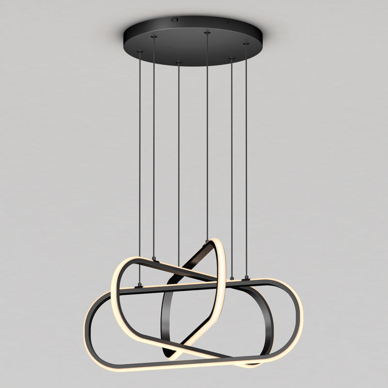 The Artika Lewis modern LED pendant light 3 CCT features black metal, integrated LED strips, and an abstract looping design suspended by thin wires from a round ceiling mount.