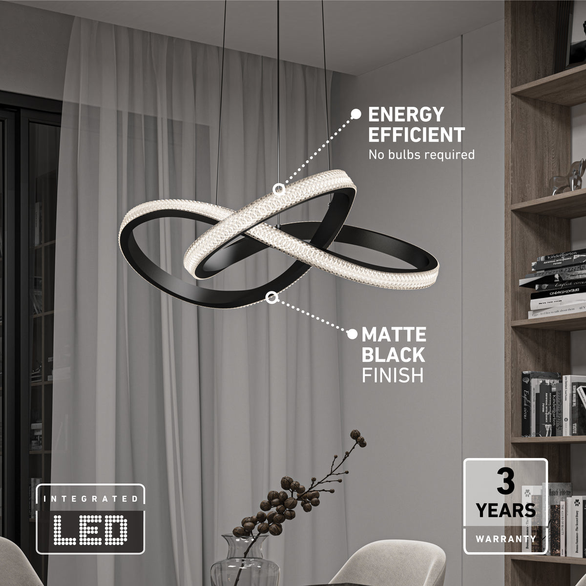 Modern black LED chandelier with an intertwined loop design hangs in a contemporary living room. Text highlights “Energy Efficient—No bulbs required,” “Matte Black Finish,” and “3 Years Warranty.”.