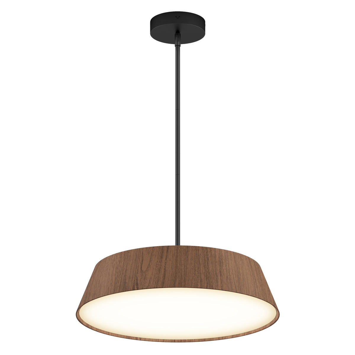 A modern pendant light with a circular wooden shade, black suspension rod, and ceiling mount, featuring a glowing white diffuser underneath.